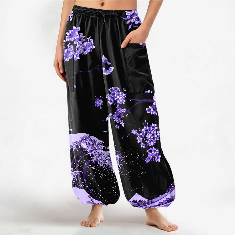 Buddha Stones Pantalon harem pour femme en coton à motif de vagues Ukiyo-e Bloom, taille élastique et poches latérales - Violette sombre - US16，UK/AU20，EU48 (3XL) - image 0