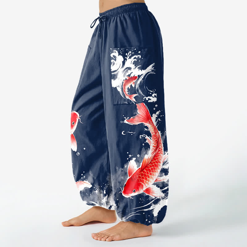 Buddha Stones Pantalon harem pour femme en coton à motif de carpes koï et taille élastique avec poches latérales - image 1