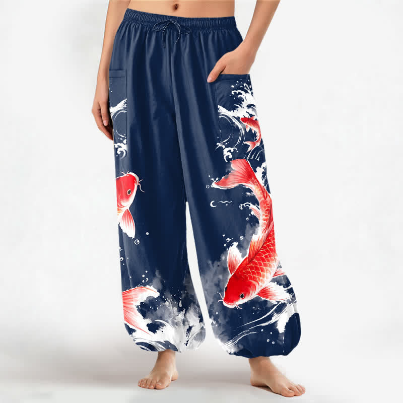 Buddha Stones Pantalon harem pour femme en coton à motif de carpes koï et taille élastique avec poches latérales - Marine - US16，UK/AU20，EU48 (3XL) - image 0