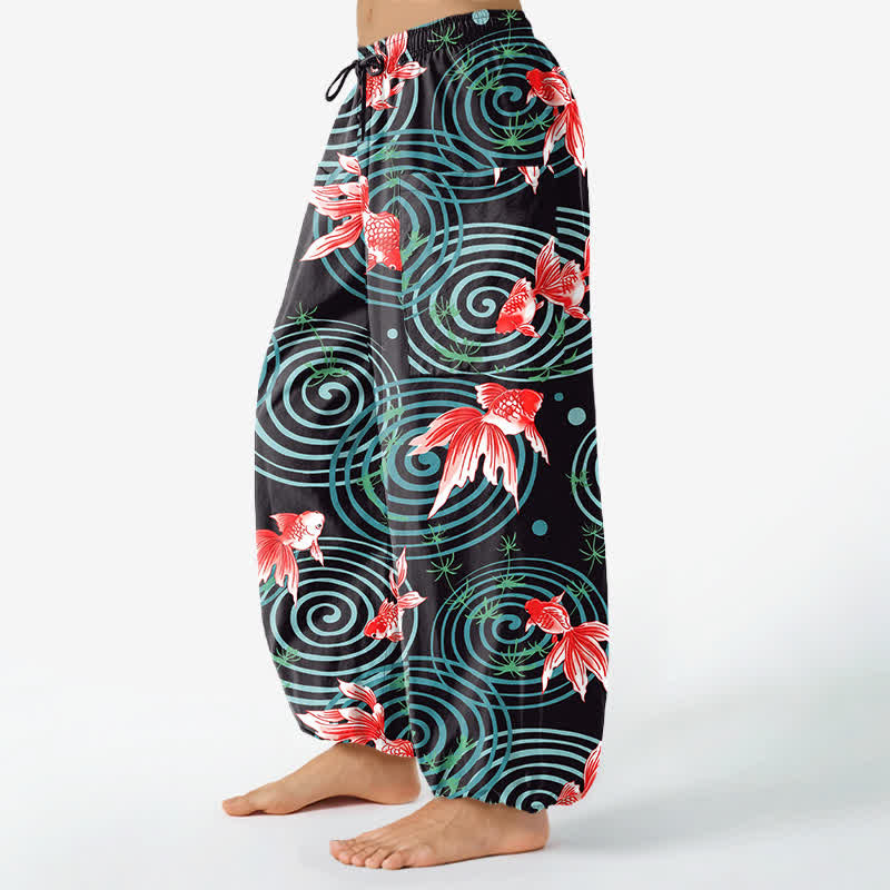 Buddha Stones Pantalon harem pour femme en coton à motif de carpes koï orientales ondulées, taille élastique et poches latérales - image 1