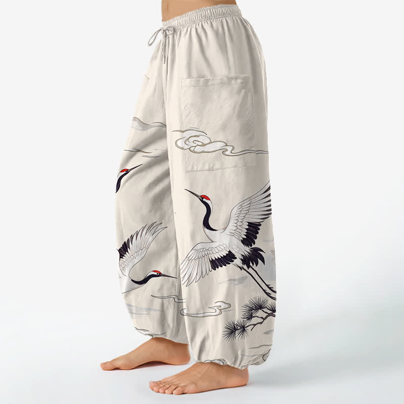 Buddha Stones Pantalon harem pour femme en coton blanc à motif de grues Zen, taille élastique et poches latérales - image 1