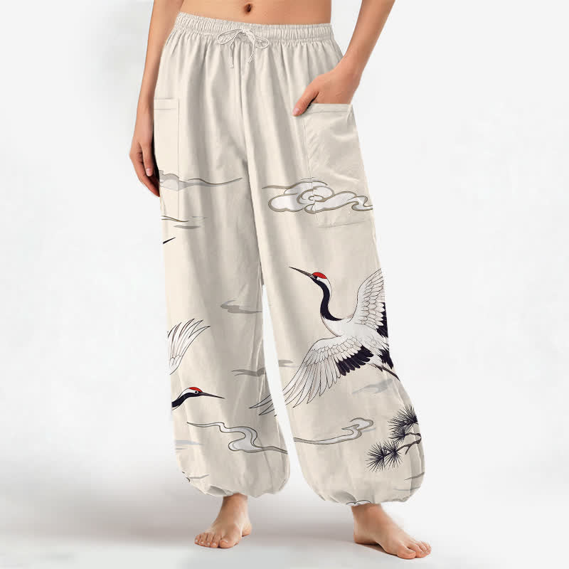 Buddha Stones Pantalon harem pour femme en coton blanc à motif de grues Zen, taille élastique et poches latérales - Lin - US16，UK/AU20，EU48 (3XL) - image 0