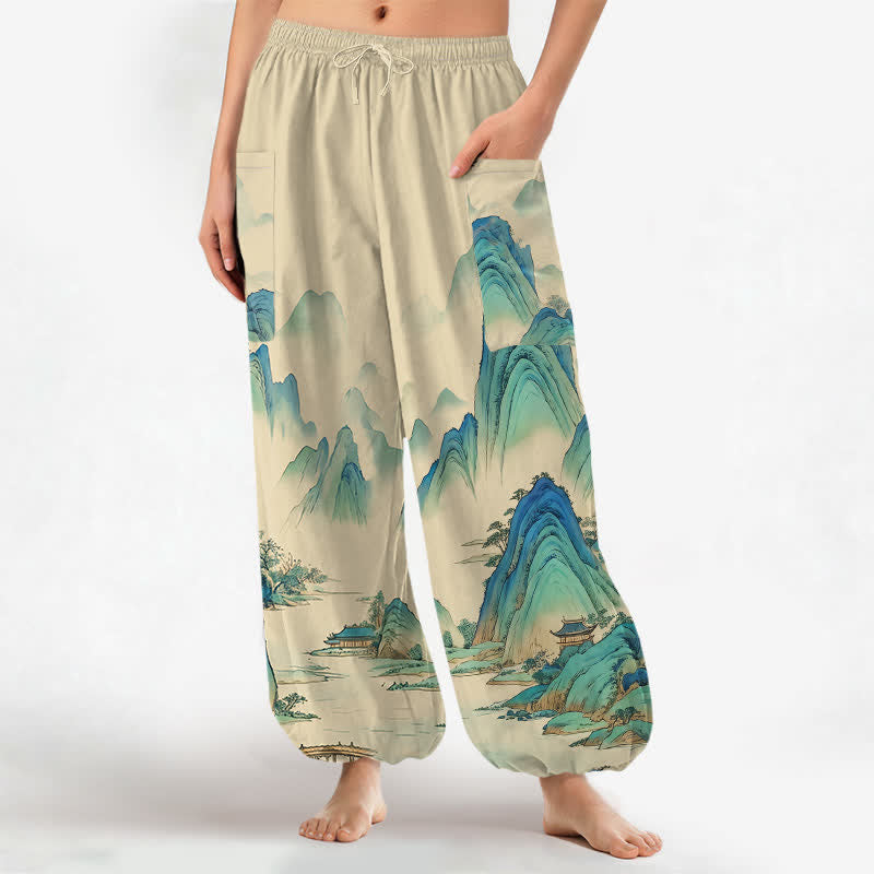 Buddha Stones Pantalon harem pour femme en coton à motif artistique Peaks Waters, taille élastique et poches latérales - Jaune d'or pâle - US16，UK/AU20，EU48 (3XL) - image 0