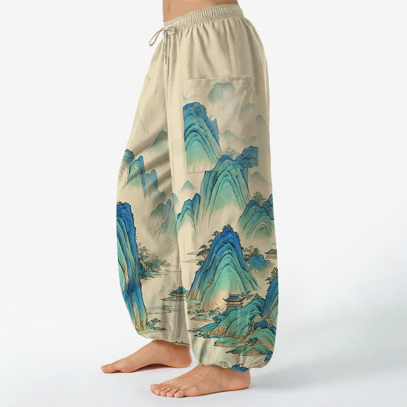 Buddha Stones Pantalon harem pour femme en coton à motif artistique Peaks Waters, taille élastique et poches latérales - image 1