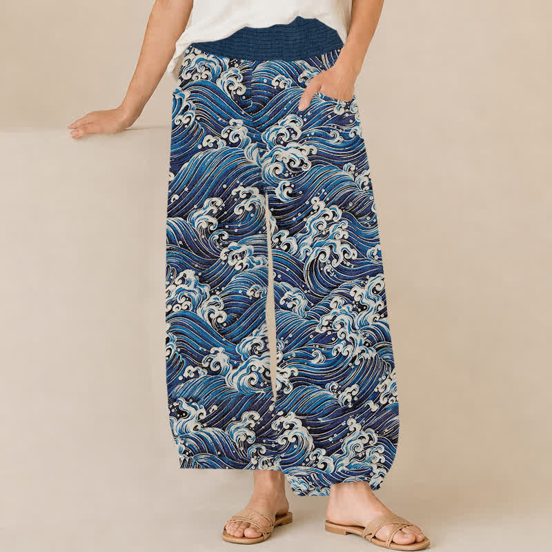 Buddha Stones Pantalon harem pour femme en coton à motif vagues océaniques, plissé, taille élastique et poches - Marine - US16，UK/AU20，EU48 (3XL) - image 0