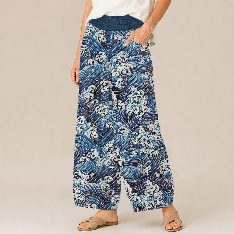 Buddha Stones Pantalon harem pour femme en coton à motif vagues océaniques, plissé, taille élastique et poches - image 1