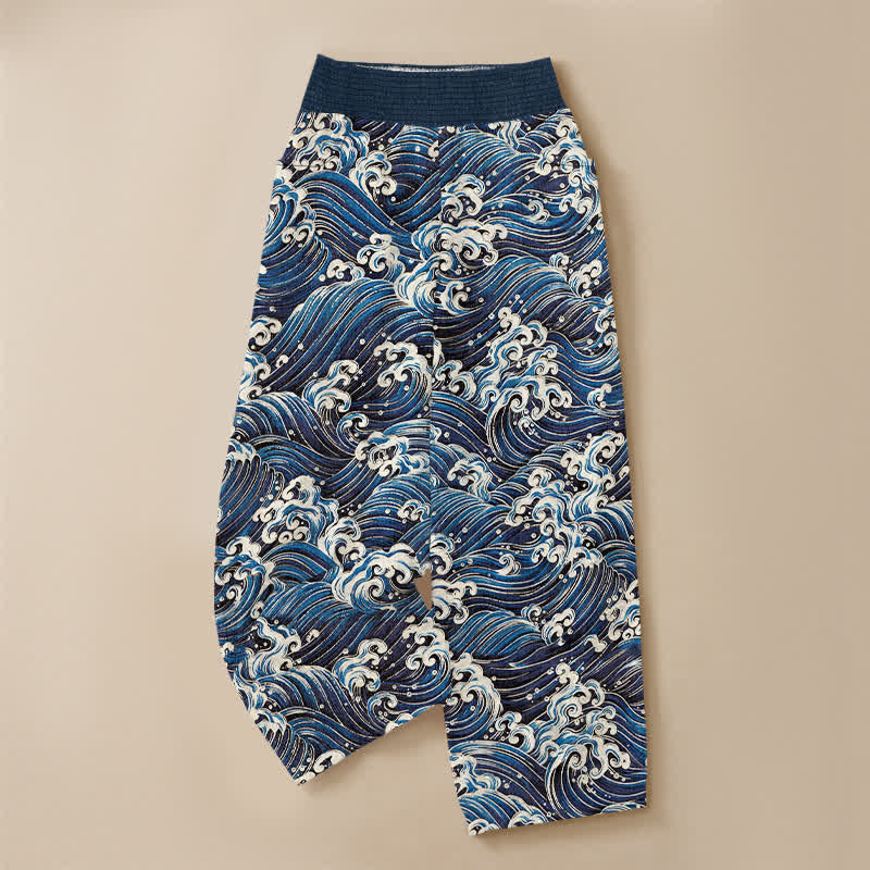 Buddha Stones Pantalon harem pour femme en coton à motif vagues océaniques, plissé, taille élastique et poches - image 3
