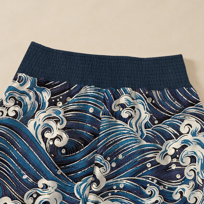 Buddha Stones Pantalon harem pour femme en coton à motif vagues océaniques, plissé, taille élastique et poches - image 4