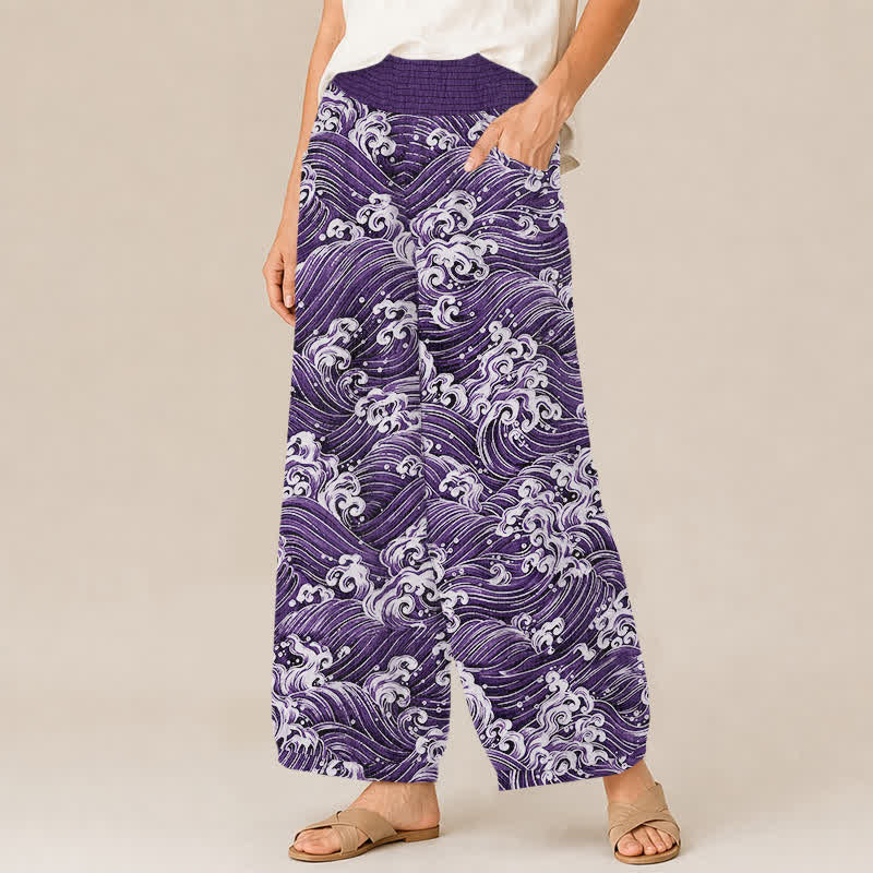 Buddha Stones Pantalon harem pour femme en coton à motif vagues océaniques, plissé, taille élastique et poches - image 7