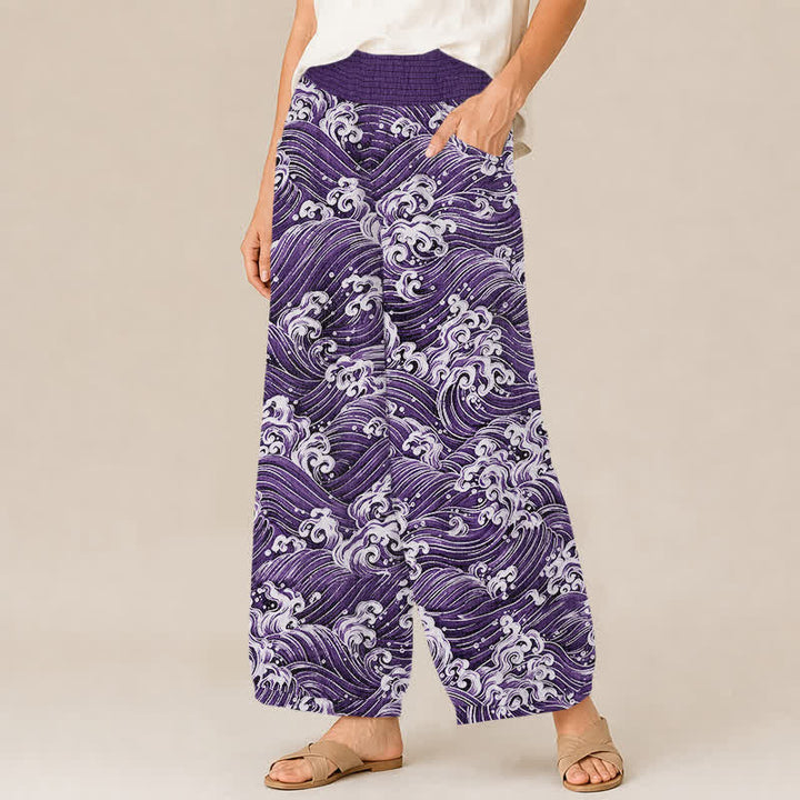 Buddha Stones Pantalon harem pour femme en coton à motif vagues océaniques, plissé, taille élastique et poches - image 7