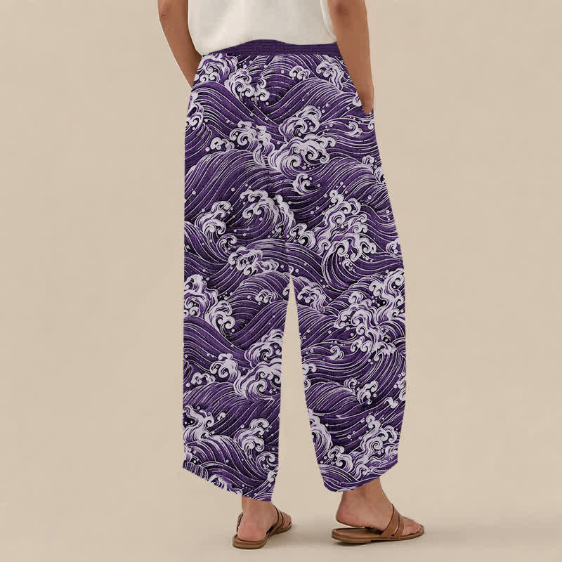 Buddha Stones Pantalon harem pour femme en coton à motif vagues océaniques, plissé, taille élastique et poches - image 8