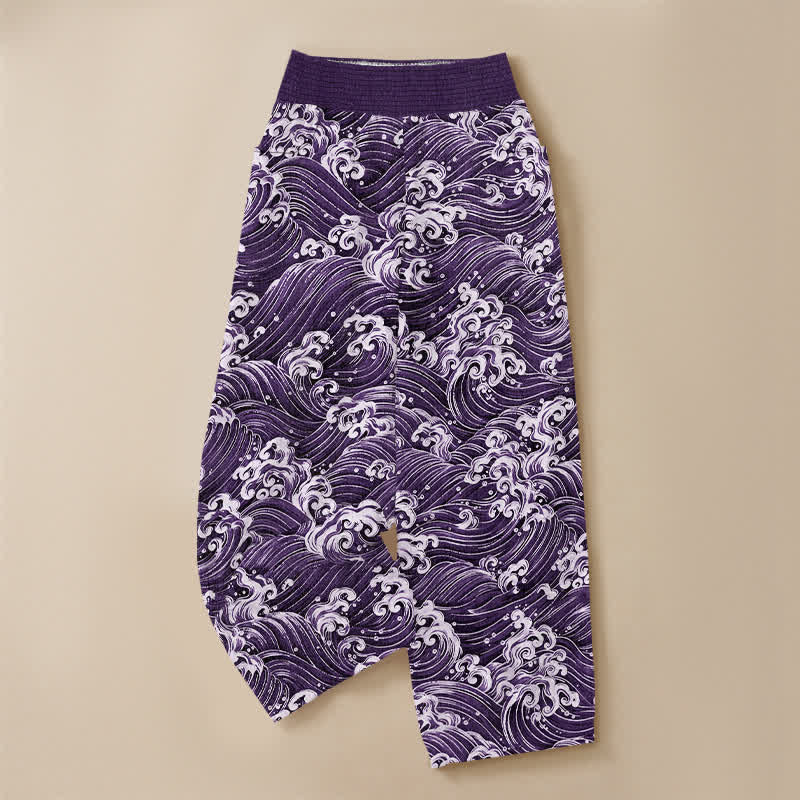 Buddha Stones Pantalon harem pour femme en coton à motif vagues océaniques, plissé, taille élastique et poches - image 9