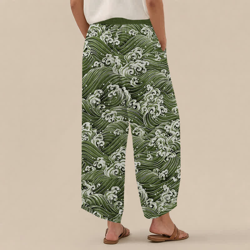 Buddha Stones Pantalon harem pour femme en coton à motif vagues océaniques, plissé, taille élastique et poches - image 12