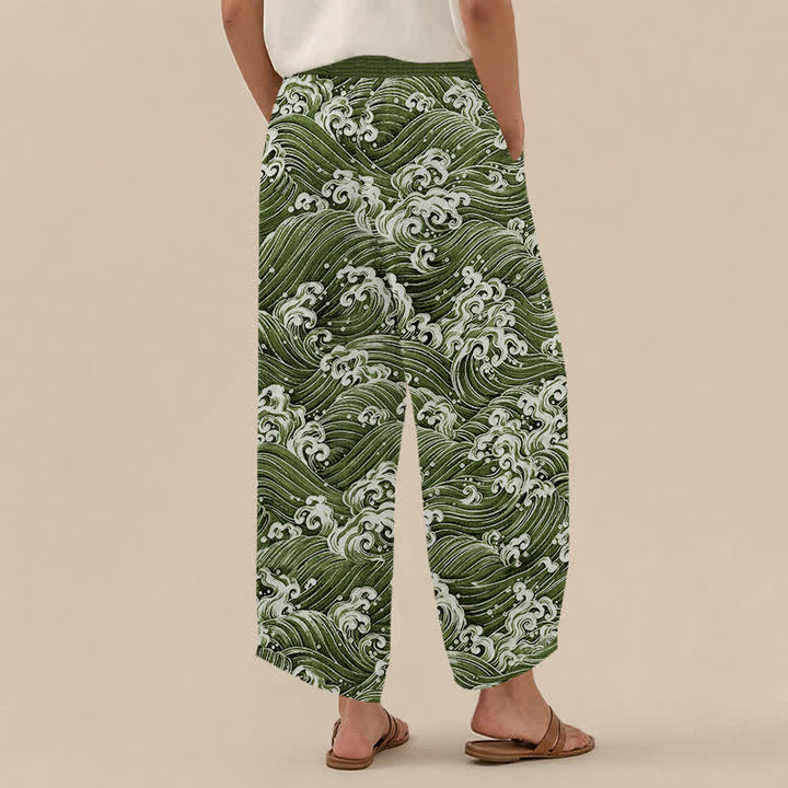 Buddha Stones Pantalon harem pour femme en coton à motif vagues océaniques, plissé, taille élastique et poches - image 12