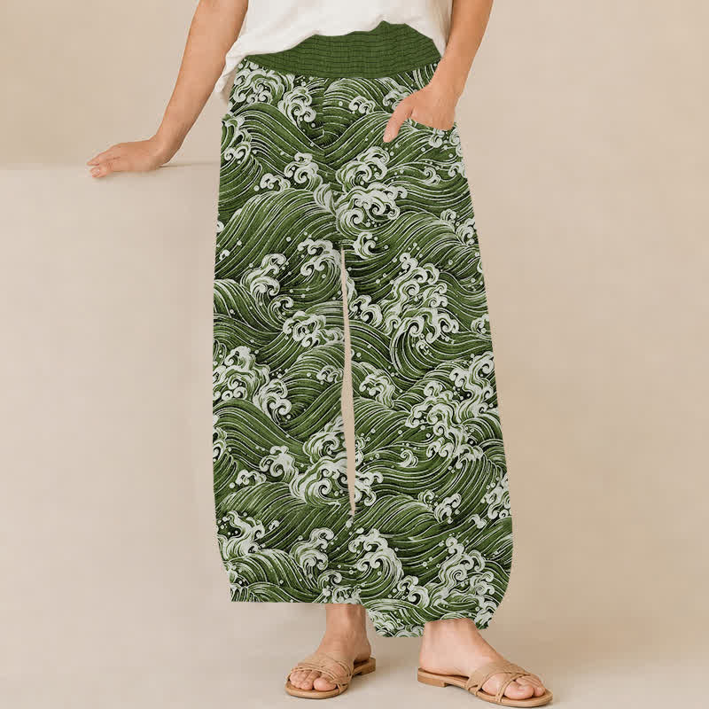 Buddha Stones Pantalon harem pour femme en coton à motif vagues océaniques, plissé, taille élastique et poches - Vert olive - US16，UK/AU20，EU48 (3XL) - image 10