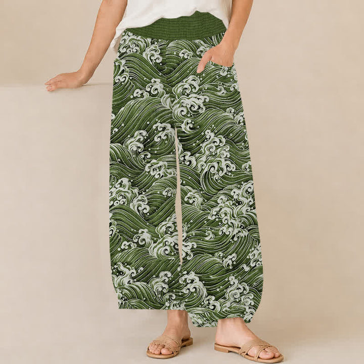 Buddha Stones Pantalon harem pour femme en coton à motif vagues océaniques, plissé, taille élastique et poches - Vert olive - US16，UK/AU20，EU48 (3XL) - image 10