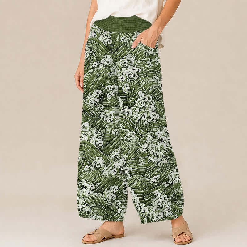 Buddha Stones Pantalon harem pour femme en coton à motif vagues océaniques, plissé, taille élastique et poches - image 11