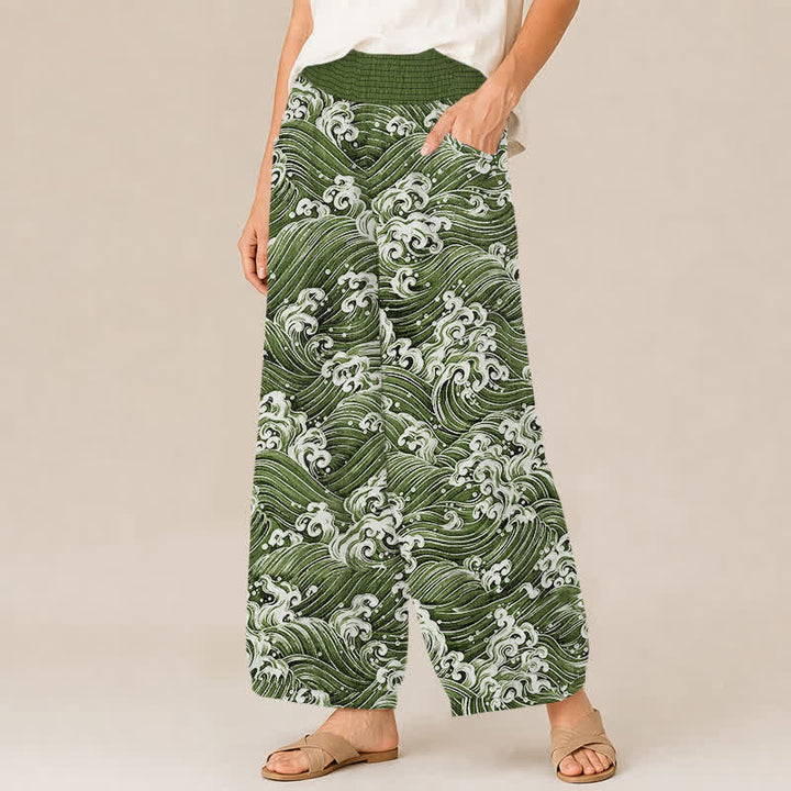 Buddha Stones Pantalon harem pour femme en coton à motif vagues océaniques, plissé, taille élastique et poches - image 11