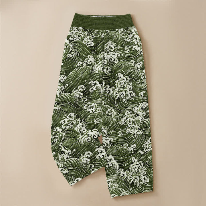 Buddha Stones Pantalon harem pour femme en coton à motif vagues océaniques, plissé, taille élastique et poches - image 13