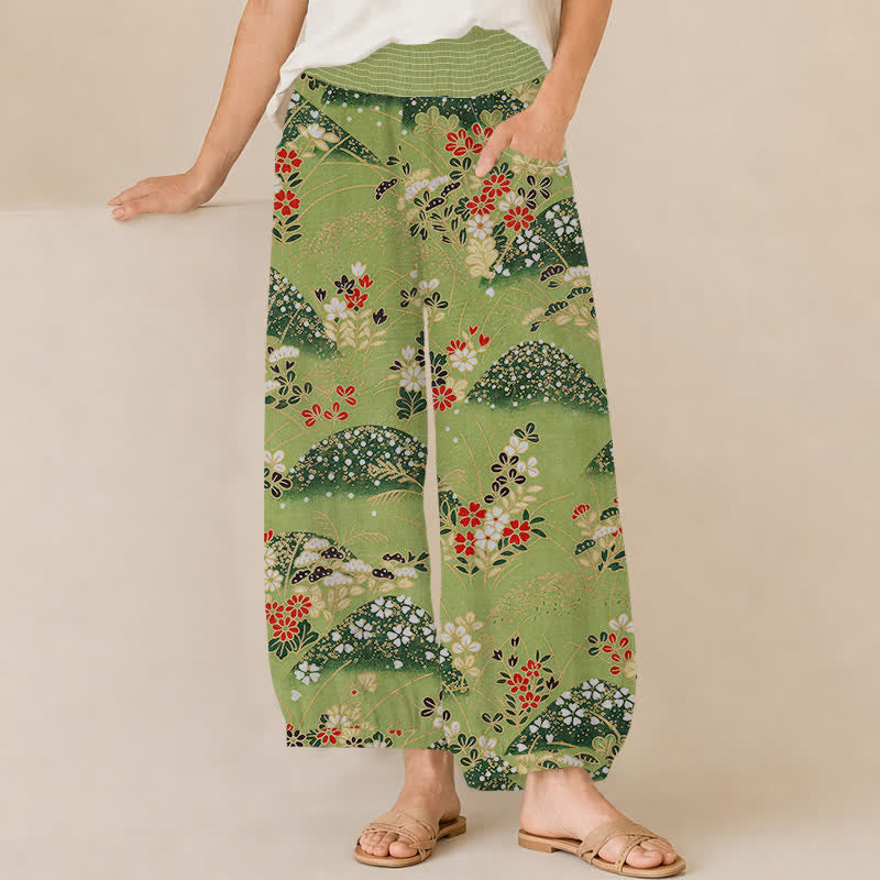 Buddha Stones Pantalon harem pour femme avec poches, plissé, taille élastique et motif floral Cotton Hill - JauneVert - US16，UK/AU20，EU48 (3XL) - image 0