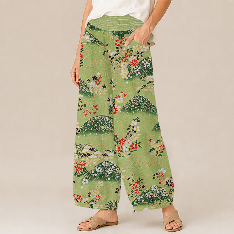 Buddha Stones Pantalon harem pour femme avec poches, plissé, taille élastique et motif floral Cotton Hill - image 1