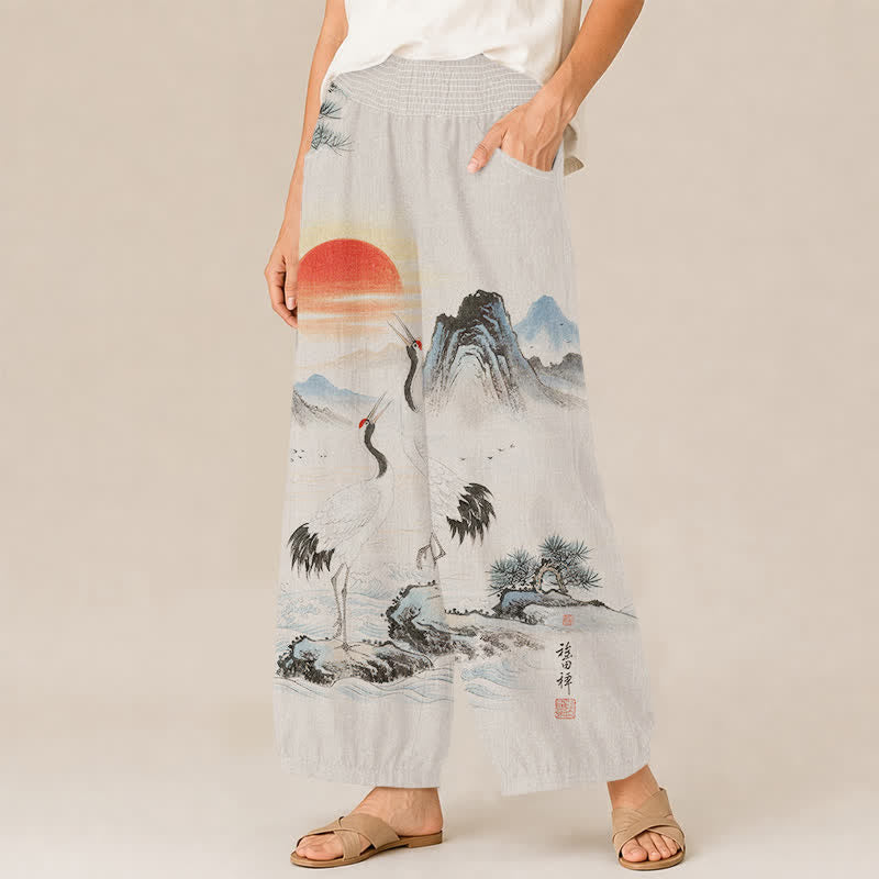 Buddha Stones Pantalon harem pour femme avec poches, motif grue et soleil, imprimé paysage à l'encre de coton, à taille élastique plissée - image 1