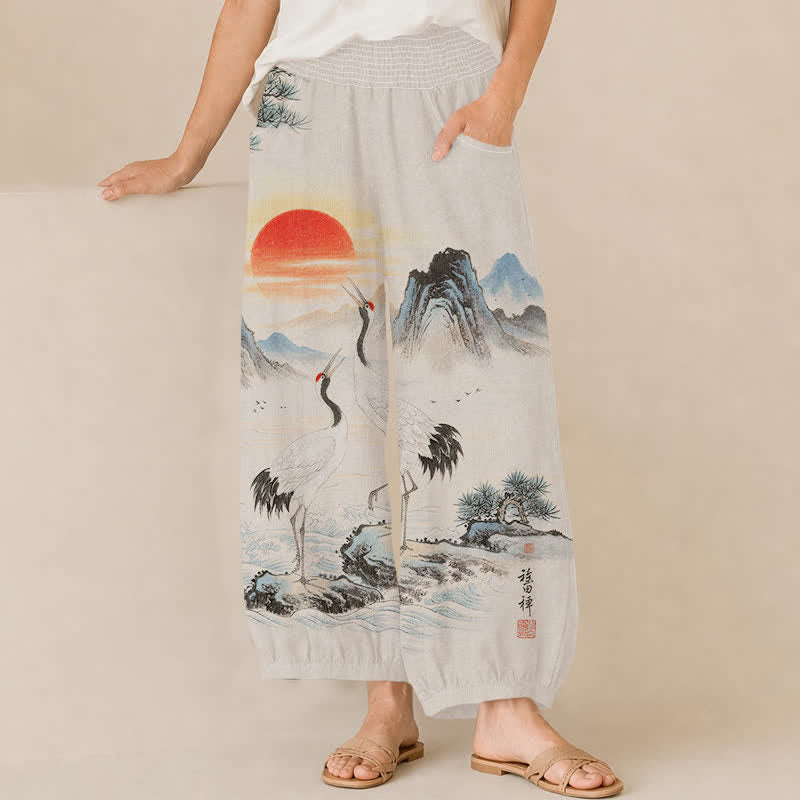 Buddha Stones Pantalon harem pour femme avec poches, motif grue et soleil, imprimé paysage à l'encre de coton, à taille élastique plissée - FloralWhite - US16，UK/AU20，EU48 (3XL) - image 0