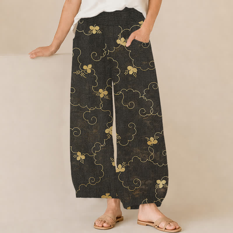 Buddha Stones Pantalon harem pour femme en coton vintage à motif de fleurs et de nuages, plissé, taille élastique et poches - Noir - US16，UK/AU20，EU48 (3XL) - image 0