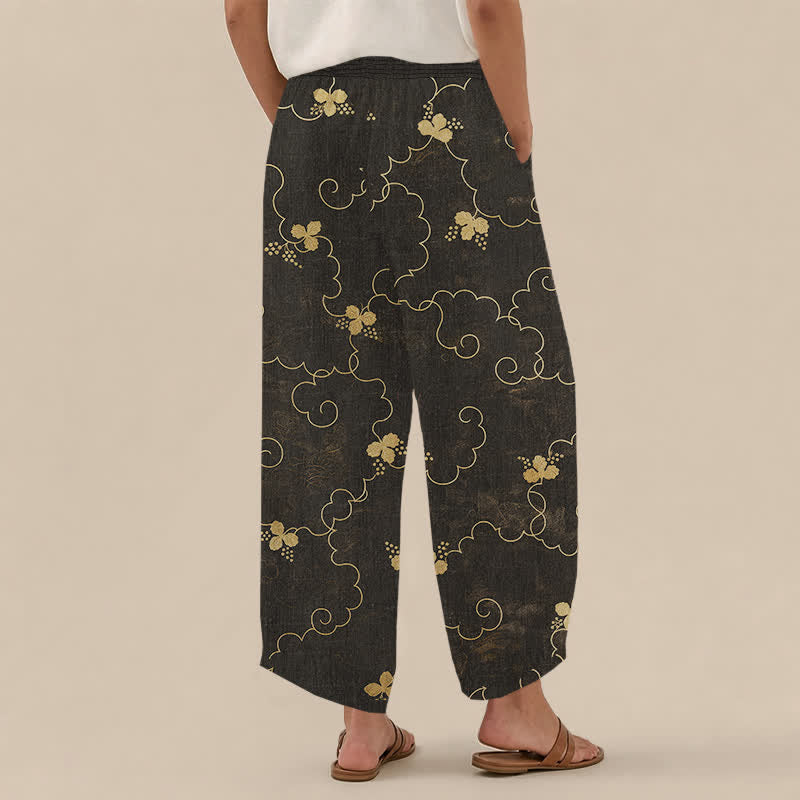 Buddha Stones Pantalon harem pour femme en coton vintage à motif de fleurs et de nuages, plissé, taille élastique et poches - image 1