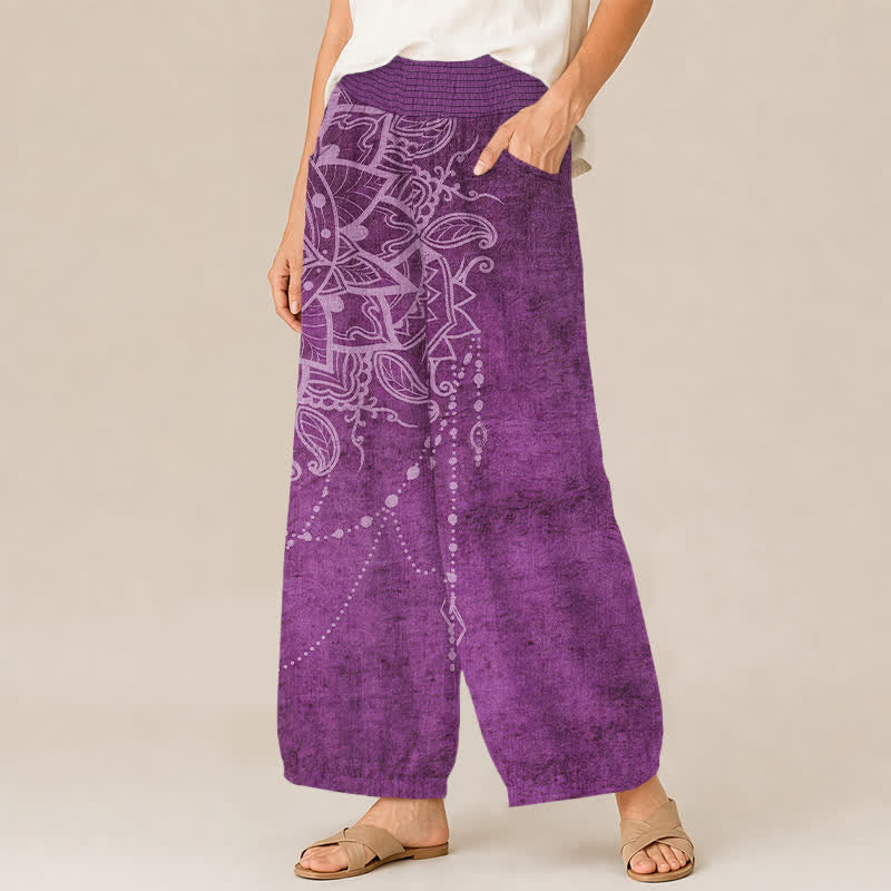 Buddha Stones Pantalon harem pour femme en coton, motif mandala bohème perlé, plissé, taille élastique et poches - image 1