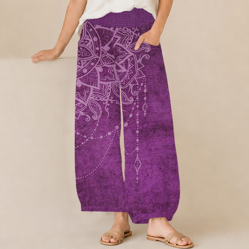 Buddha Stones Pantalon harem pour femme en coton, motif mandala bohème perlé, plissé, taille élastique et poches - Violet - US16，UK/AU20，EU48 (3XL) - image 0