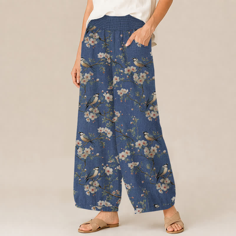 Buddha Stones Pantalon harem pour femme en coton vintage à motif floral et oiseaux, plissé, taille élastique et poches - image 1