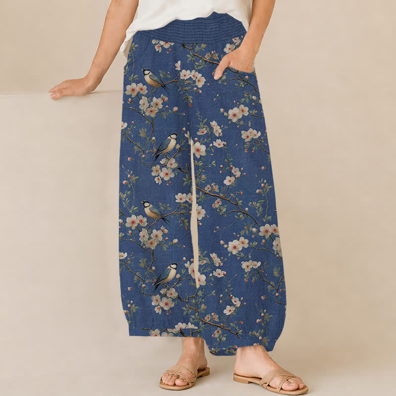 Buddha Stones Pantalon harem pour femme en coton vintage à motif floral et oiseaux, plissé, taille élastique et poches - SteelBlue - US16，UK/AU20，EU48 (3XL) - image 0
