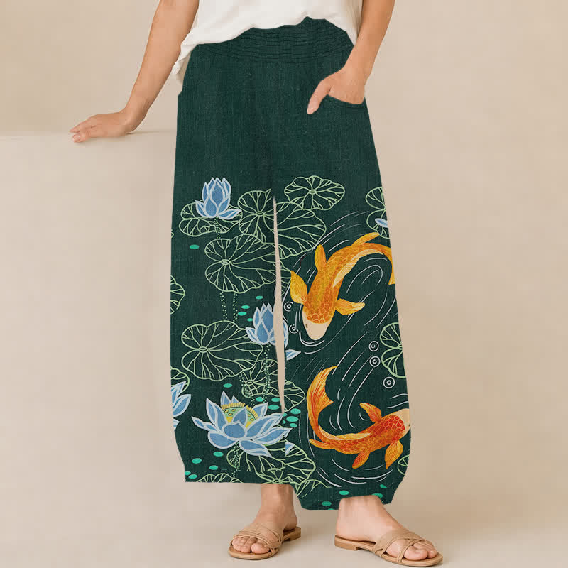 Buddha Stones Pantalon harem pour femme en coton aquarelle à motif lotus et carpes koï, plissé, taille élastique et poches - Gris ardoise foncé - US16，UK/AU20，EU48 (3XL) - image 0
