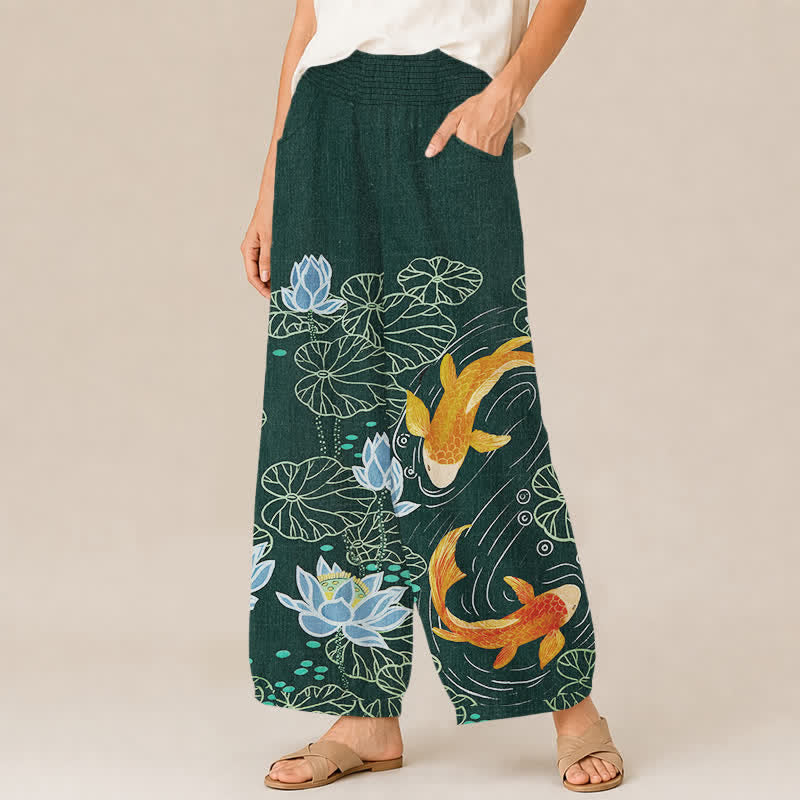 Buddha Stones Pantalon harem pour femme en coton aquarelle à motif lotus et carpes koï, plissé, taille élastique et poches - image 1