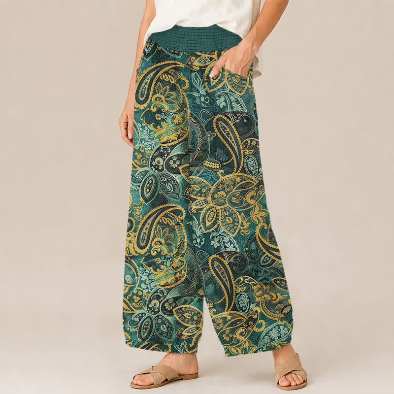 Buddha Stones Pantalon harem pour femme en coton vintage à motif cachemire floral, plissé, taille élastique et poches - image 1