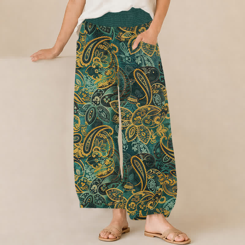 Buddha Stones Pantalon harem pour femme en coton vintage à motif cachemire floral, plissé, taille élastique et poches - Sarcelle - US16，UK/AU20，EU48 (3XL) - image 0
