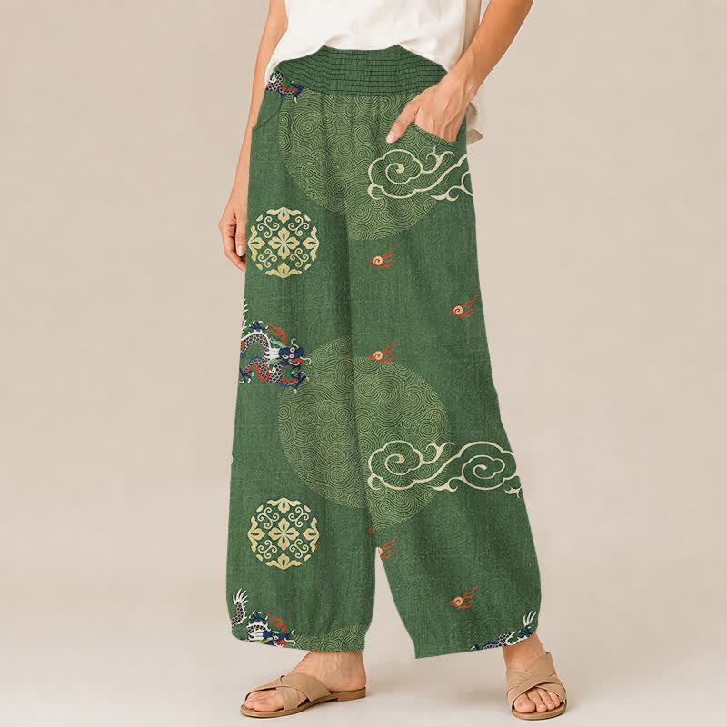 Buddha Stones Pantalon harem pour femme en coton à motif totem de dragon vintage, plissé, taille élastique et poches - image 1