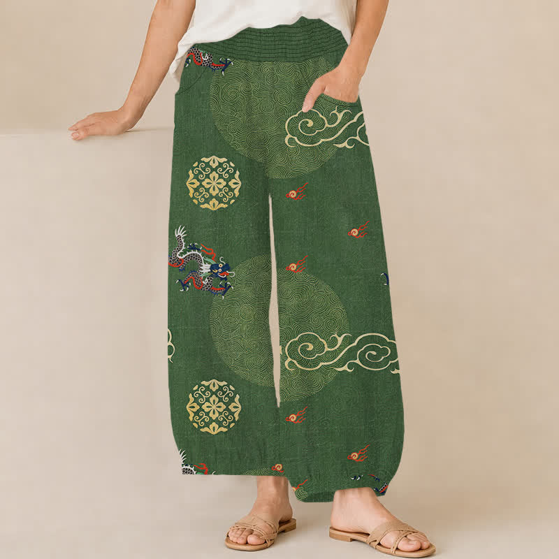 Buddha Stones Pantalon harem pour femme en coton à motif totem de dragon vintage, plissé, taille élastique et poches - Vert forêt - US16，UK/AU20，EU48 (3XL) - image 0