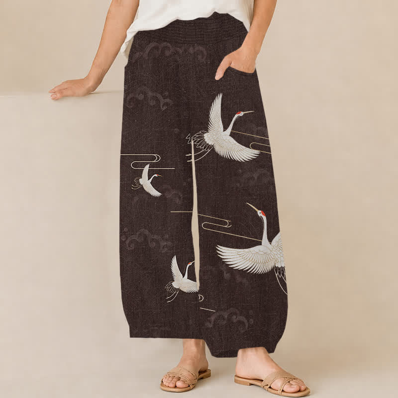 Buddha Stones Pantalon harem pour femme en coton blanc vintage à motif de grues, plissé, taille élastique et poches - Noir - US16，UK/AU20，EU48 (3XL) - image 0