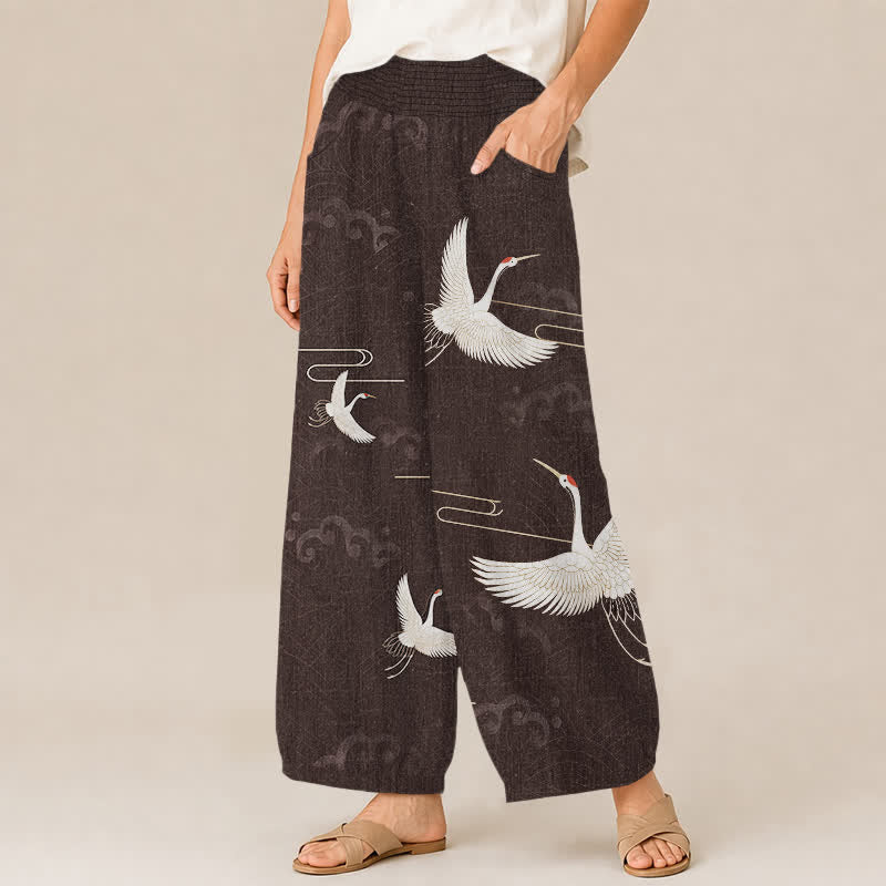 Buddha Stones Pantalon harem pour femme en coton blanc vintage à motif de grues, plissé, taille élastique et poches - image 1