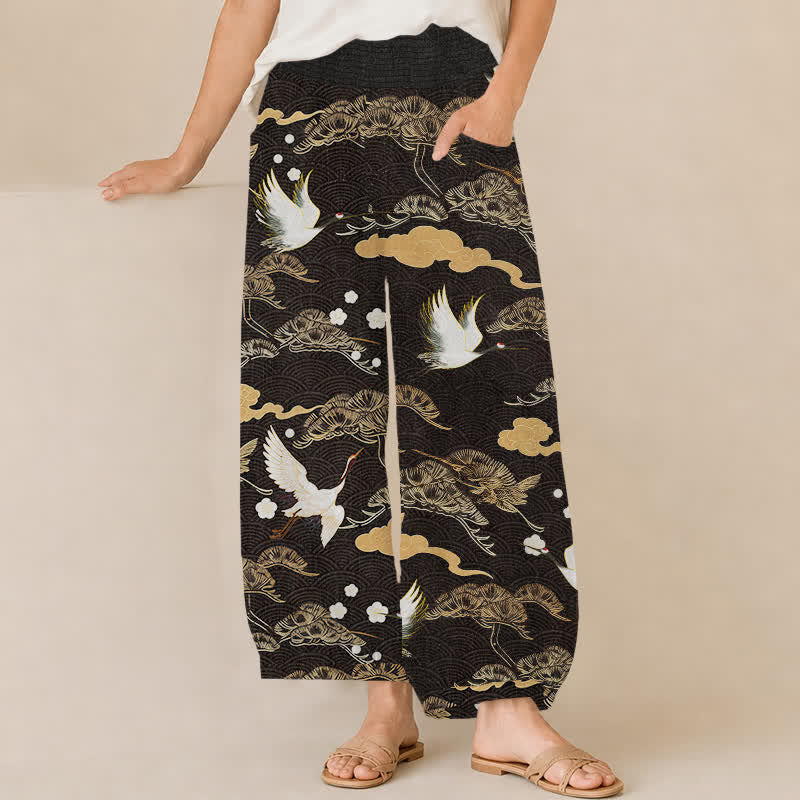 Buddha Stones Pantalon harem pour femme en coton à motif grues et nuages, plissé, taille élastique et poches - Noir - US16，UK/AU20，EU48 (3XL) - image 0