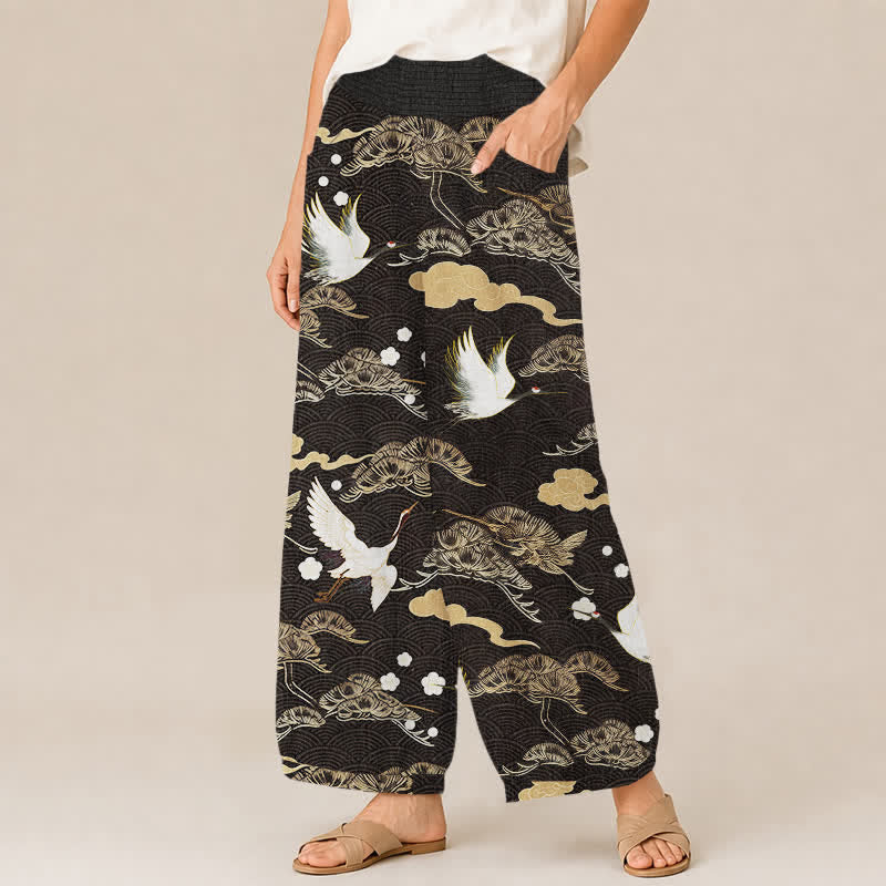 Buddha Stones Pantalon harem pour femme en coton à motif grues et nuages, plissé, taille élastique et poches - image 1