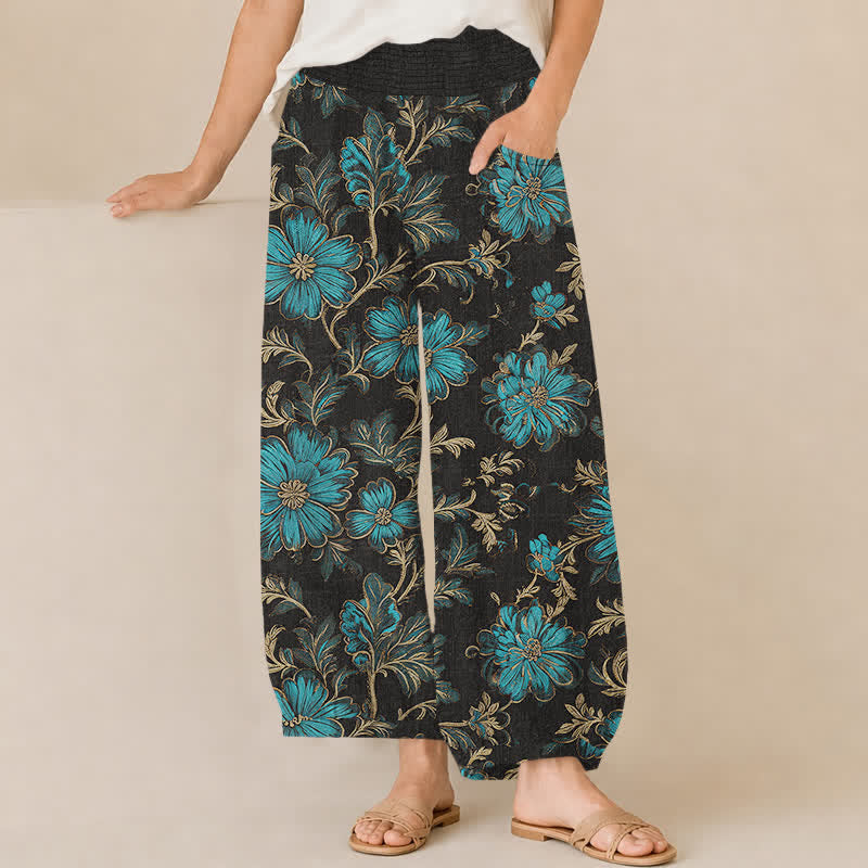 Buddha Stones Pantalon harem pour femme en coton à motif botanique Midnight Bloom, plissé, taille élastique et poches - Noir - US16，UK/AU20，EU48 (3XL) - image 0