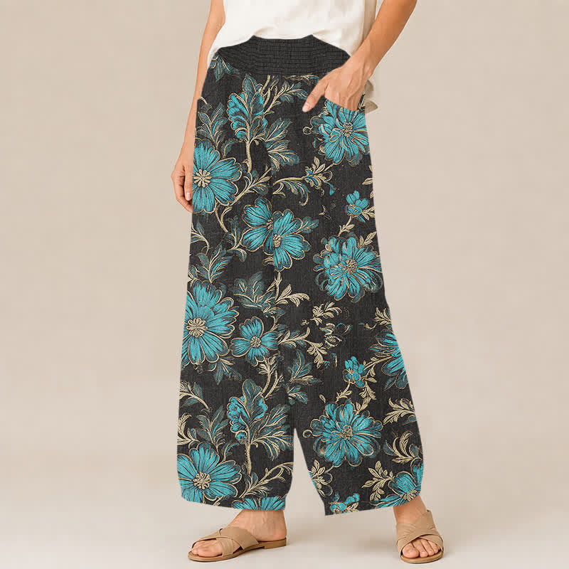 Buddha Stones Pantalon harem pour femme en coton à motif botanique Midnight Bloom, plissé, taille élastique et poches - image 1