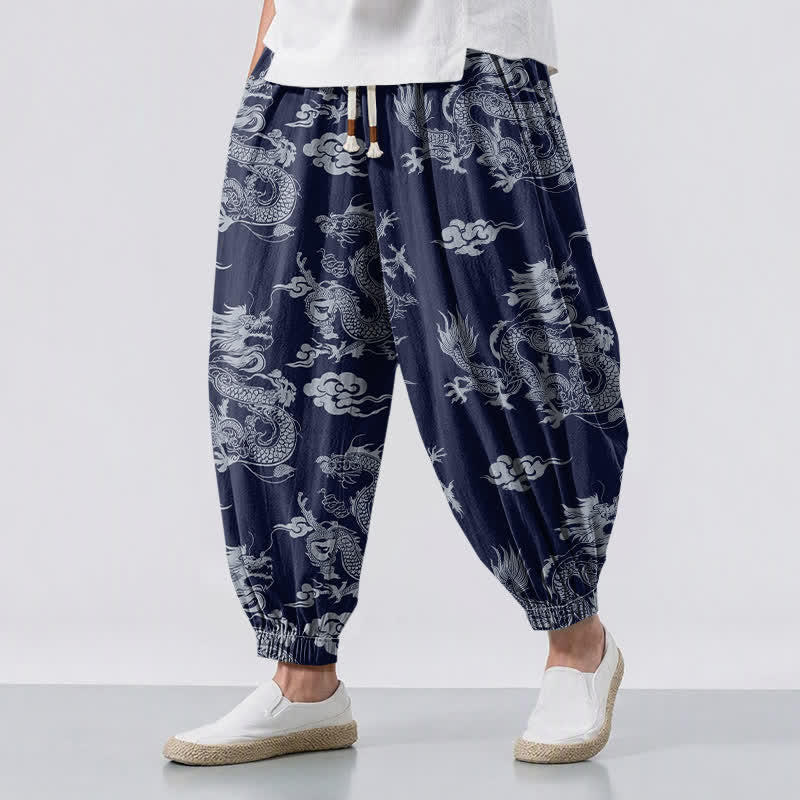 Buddha Stones Pantalon harem pour homme en pur coton, motif nuages ​​et dragons, cordon de serrage et poches - Marine - US/UK/AU50，EU60 (5XL) - image 0