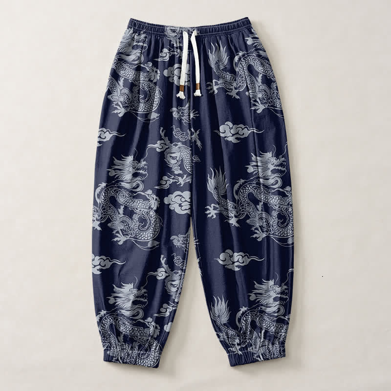 Buddha Stones Pantalon harem pour homme en pur coton, motif nuages ​​et dragons, cordon de serrage et poches - image 1