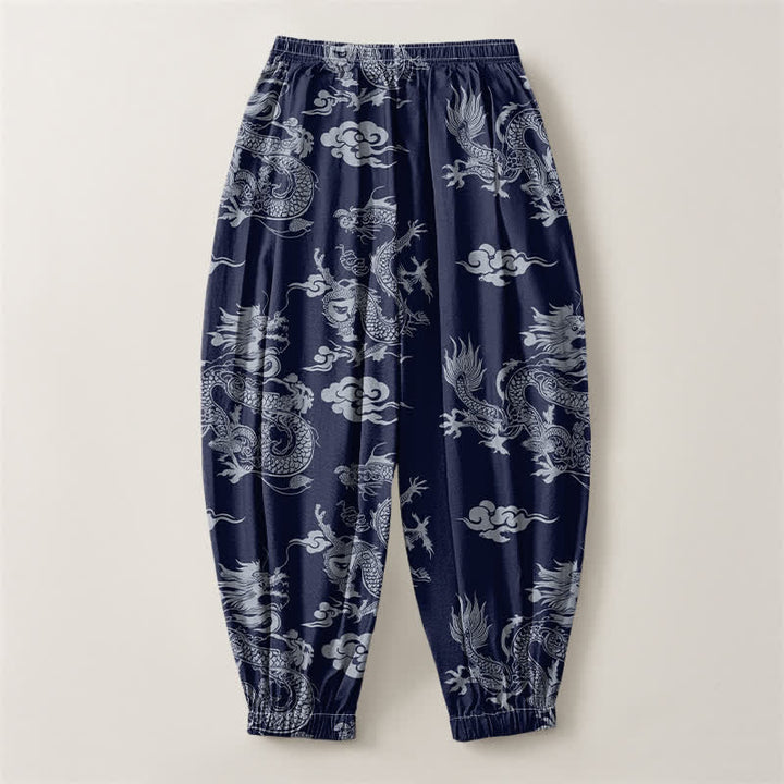 Buddha Stones Pantalon harem pour homme en pur coton, motif nuages ​​et dragons, cordon de serrage et poches - image 2