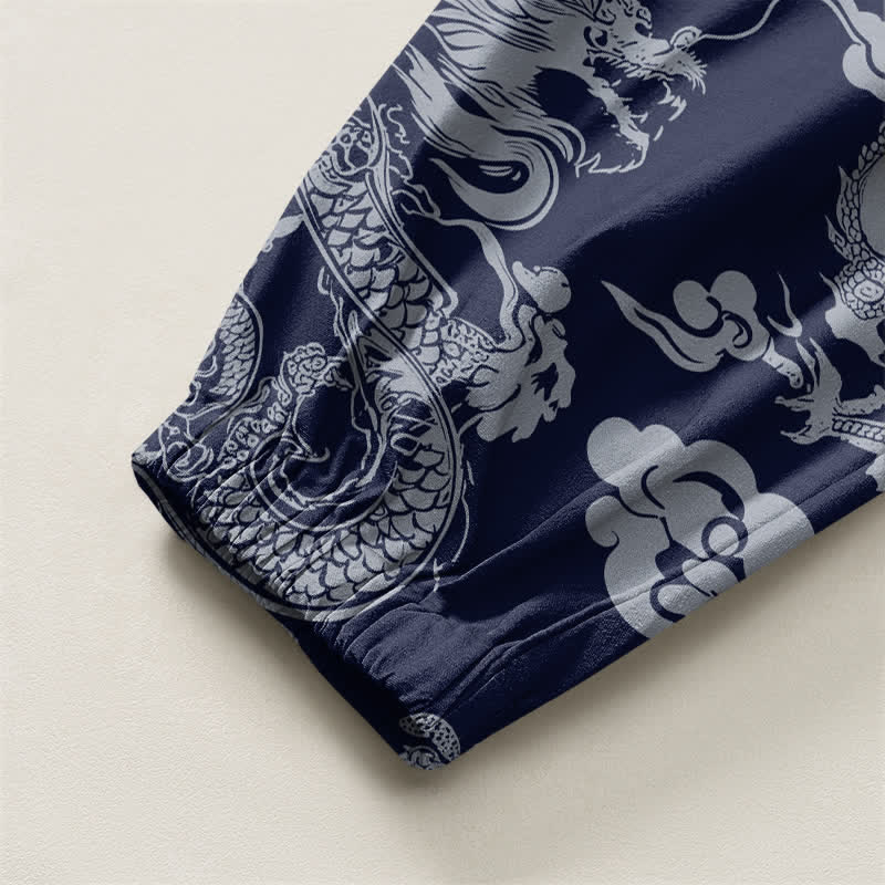 Buddha Stones Pantalon harem pour homme en pur coton, motif nuages ​​et dragons, cordon de serrage et poches - image 4