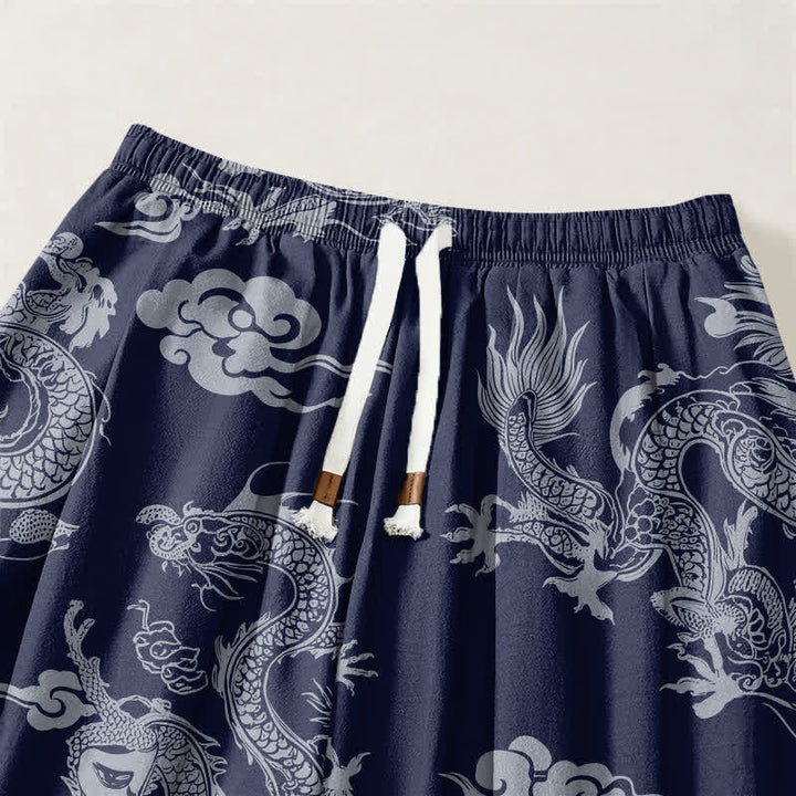 Buddha Stones Pantalon harem pour homme en pur coton, motif nuages ​​et dragons, cordon de serrage et poches - image 3